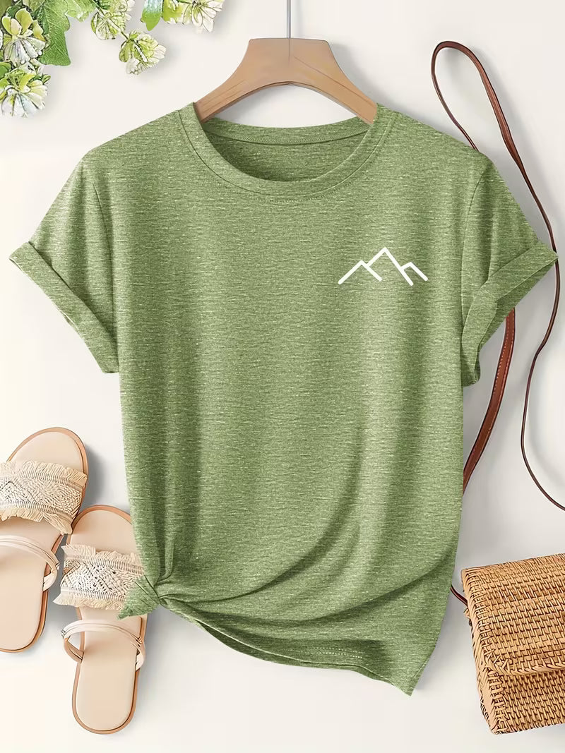 Women's Mountain Print Casual T-Shirt, Short Sleeve
