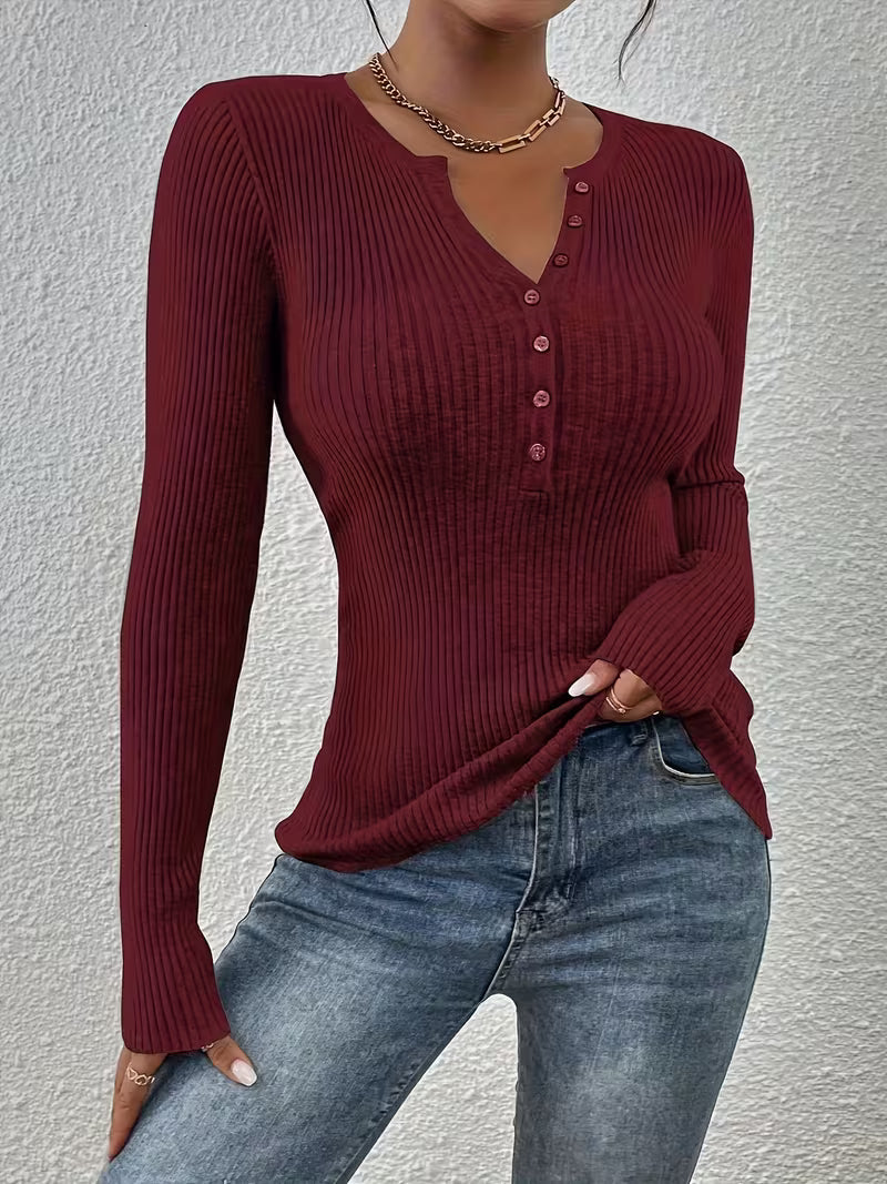 Women's Henley Collar Half-Button Striped Sweater