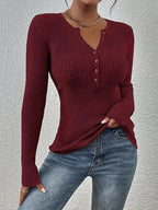 Women's Henley Collar Half-Button Striped Sweater