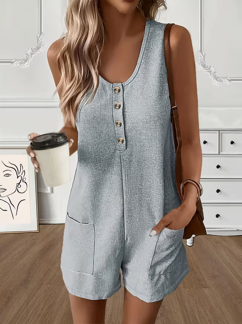 Women's Button Front Sleeveless Romper Jumpsuit
