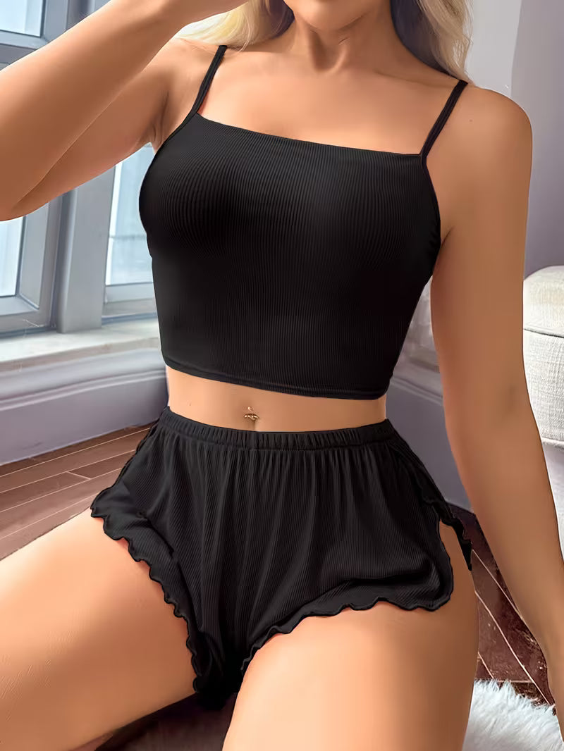 Women's Solid Color Suspender Pajama Set
