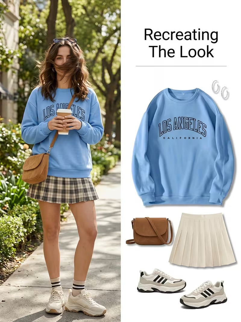 Women's Preppy Los Angeles Print Crew Neck Sweatshirt