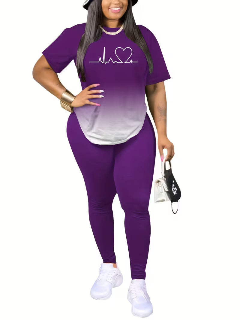 Women's Gradient Letter Print Set, Short Sleeve & Long Pants