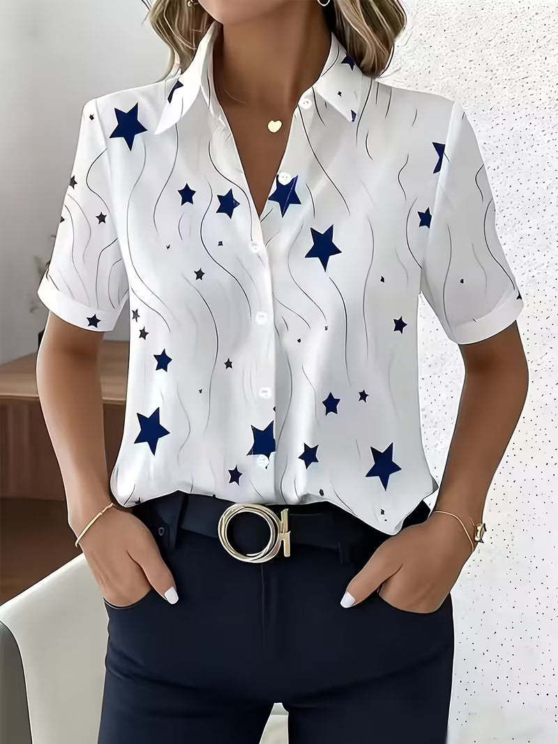 Women's Star Print Office Blouse, Short Sleeve