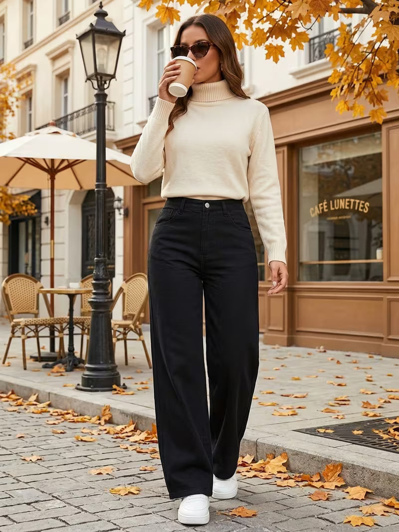 Women's High-Waist Draped Straight Denim Trousers