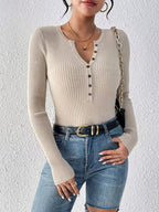 Women's Henley Collar Half-Button Striped Sweater