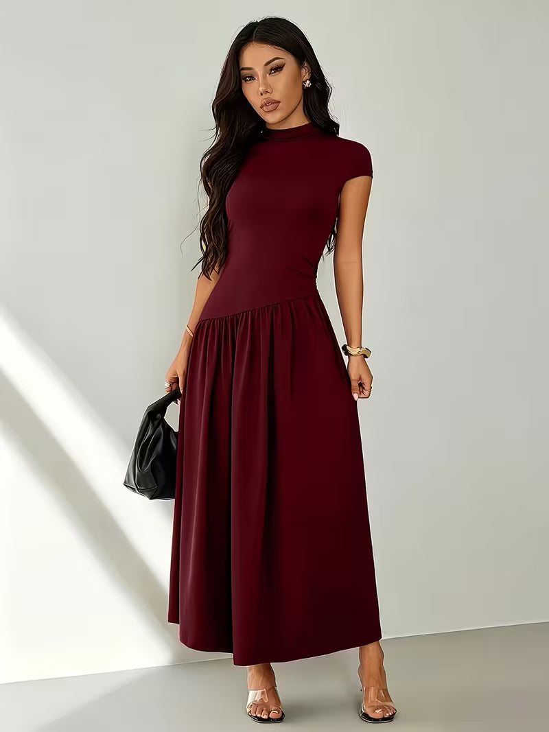 Women's Stand Collar Puff Sleeve Pleated Summer Dress