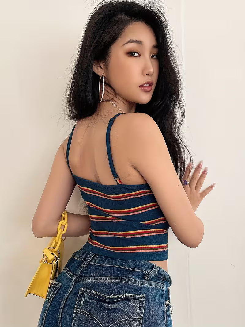 Women's Rainbow Stripe Square Neck Crop Top