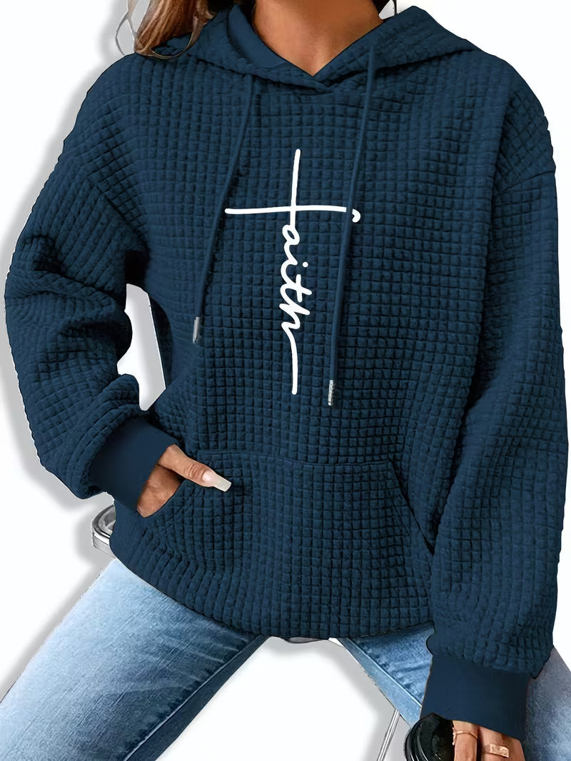Women's Waffle Knit Graphic Print Kangaroo Pocket Hoodie