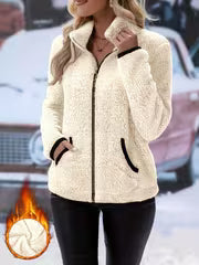 Women's Contrast Color Plush Zipper Casual Jacket