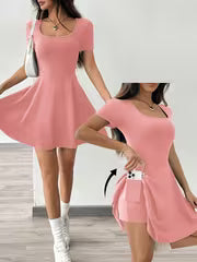 Women's Solid Color Square Neck Short Sleeve Dress