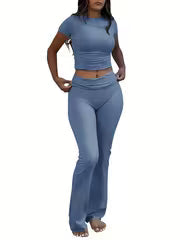 Women's Crew Neck Top & Flared Pants Set