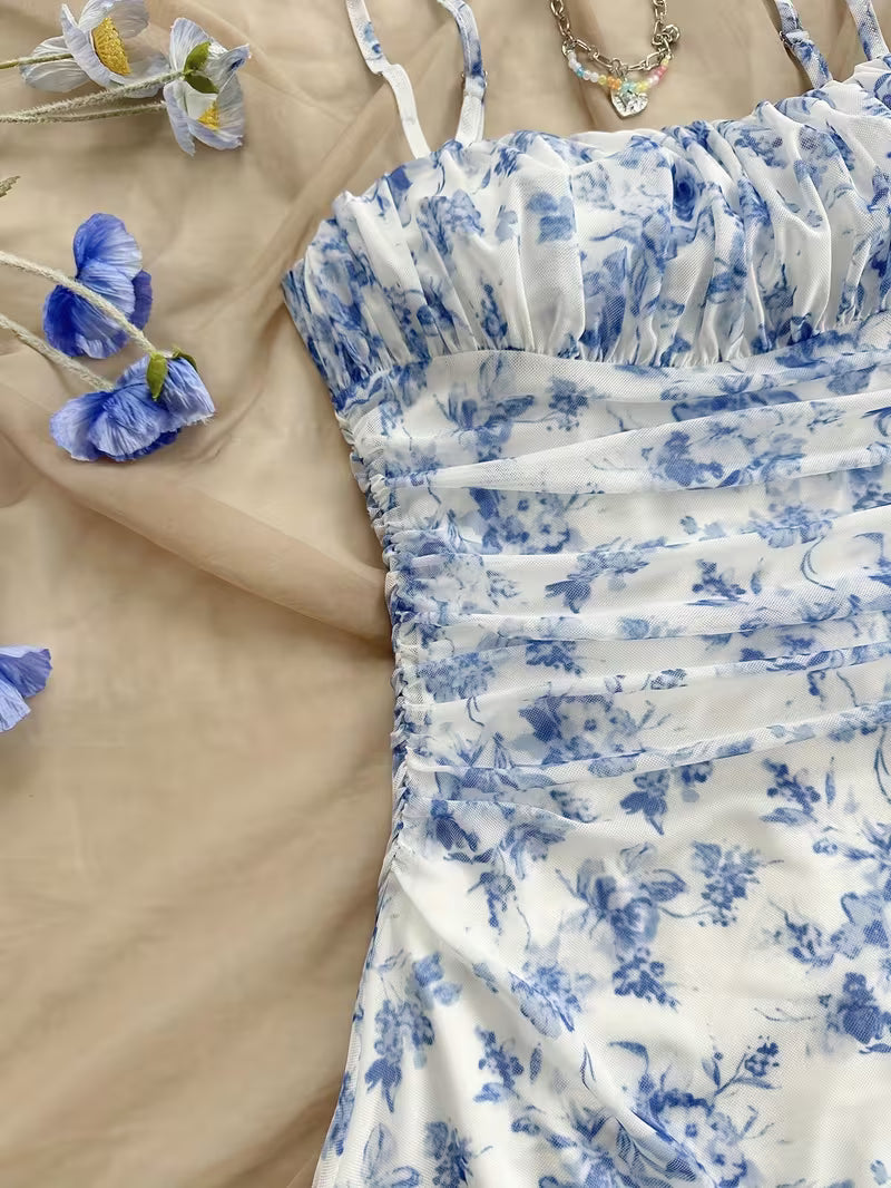 Women's Floral Mesh Backless Vacation Dress