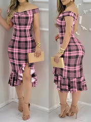 Women's Plaid Print Ruffle Hem Dress