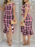 Women's Plaid Print Ruffle Hem Dress