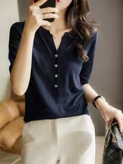 Women's Solid V-Neck T-Shirt, Lightweight Loose Fit