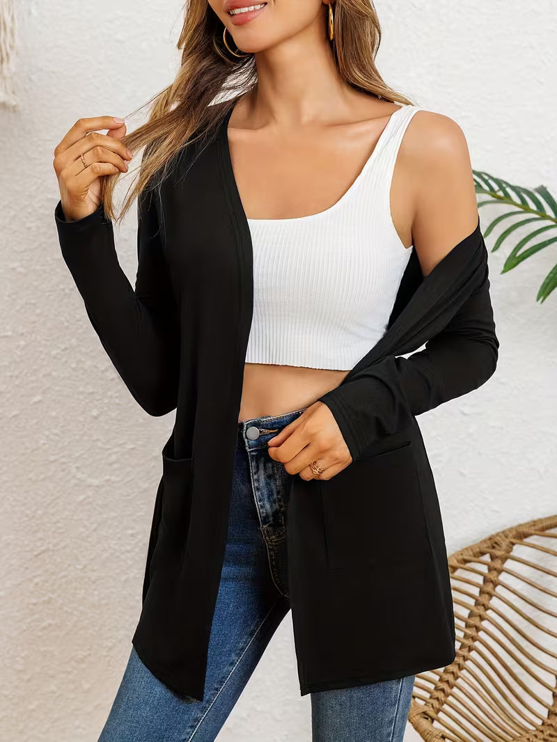 Women's Mid-Length Open-Front Cardigan, Dual Pockets