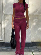 Women's Crew Neck Top & Flared Pants Set