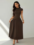 Women's Stand Collar Puff Sleeve Pleated Summer Dress