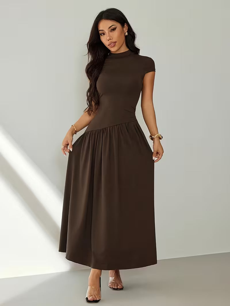 Women's Stand Collar Puff Sleeve Pleated Summer Dress