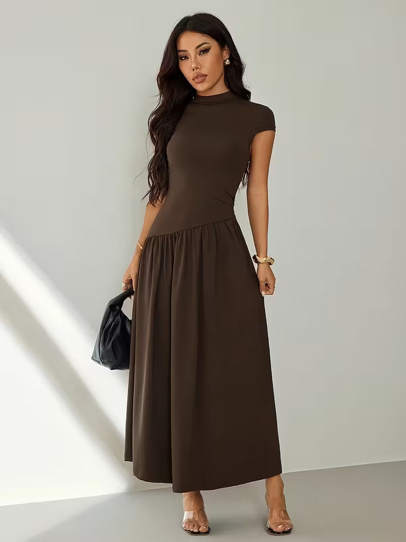 Women's Stand Collar Puff Sleeve Pleated Summer Dress