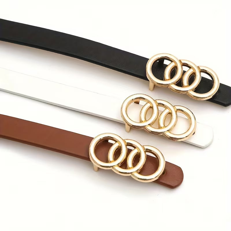 Women's 3-Pack Skinny PU Belts, 3-Ring Buckle