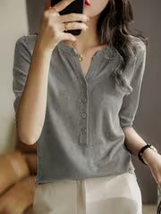 Women's Solid V-Neck T-Shirt, Lightweight Loose Fit