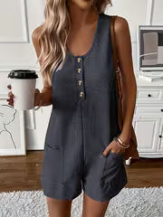 Women's Button Front Sleeveless Romper Jumpsuit