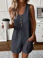 Women's Button Front Sleeveless Romper Jumpsuit