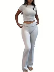 Women's Crew Neck Top & Flared Pants Set
