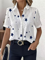 Women's Star Print Office Blouse, Short Sleeve