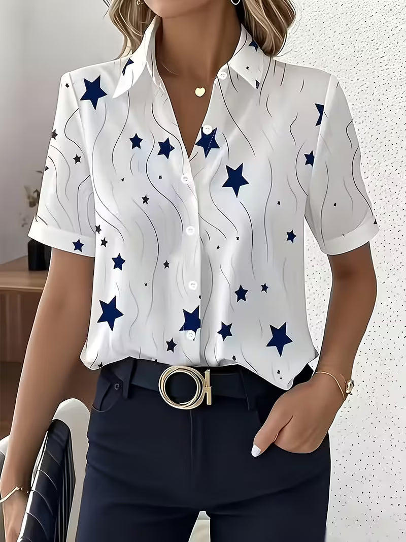 Women's Star Print Office Blouse, Short Sleeve